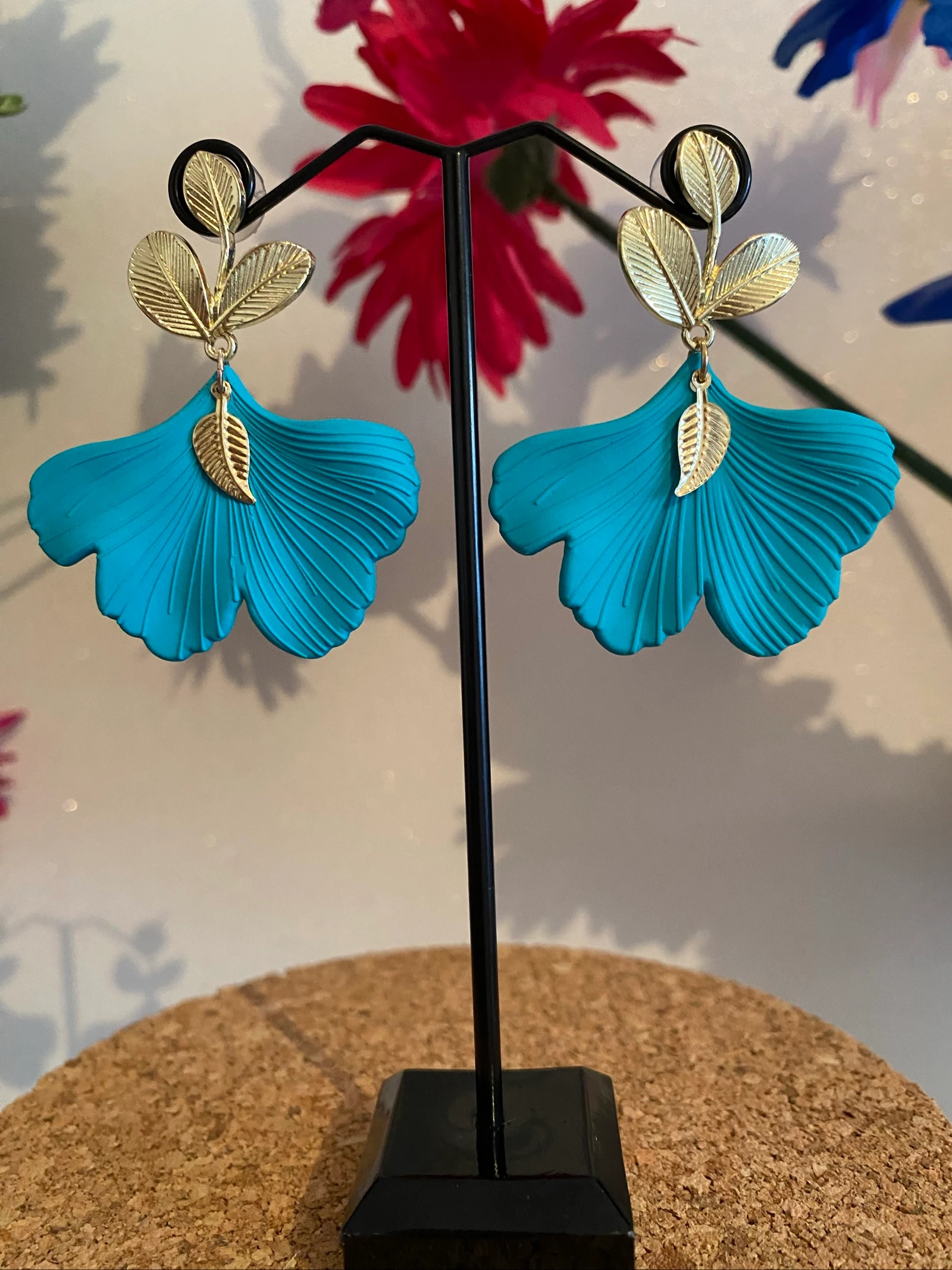 Boucles d’oreilles feuille de gingko bleu turquoise